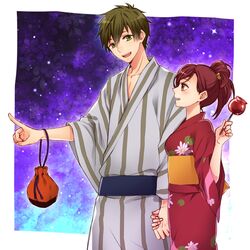  female free! green_eyes happy holding_hands japanese_clothes kimono matsuoka_gou ponytail red_eyes red_hair rio_(rio_01) short_hair tachibana_makoto 