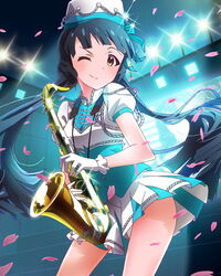  ;) artist_request blue_hair brown_eyes female gloves hat idolmaster idolmaster_million_live! instrument kitakami_reika long_hair looking_at_viewer official_art one_eye_closed petals saxophone skirt smile stage_lights tenor_saxophone twintails uniform 