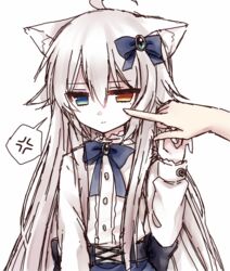  ahoge anger_vein animal_ears bad_id bad_pixiv_id blue_eyes bow cat_ears cheek_poking female flat_chest hair_between_eyes hair_ornament hairbow heterochromia lolita_fashion long_hair looking_away mole mole_under_eye orange_eyes original pale_skin poking solo_focus spoken_anger_vein tsukikage_nemu white_hair yves_astroel 