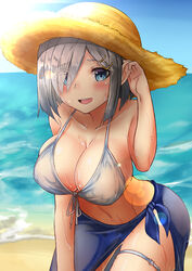  beach bikini blush breasts cleavage collarbone commentary_request day eyes_visible_through_hair female grey_hair hair_ornament hair_over_one_eye hamakaze_(kancolle) kantai_collection large_breasts leaning_forward looking_at_viewer navel open_mouth outdoors sarong short_hair sin_(kami148) smile solo swimsuit thigh_strap tucking_hair 