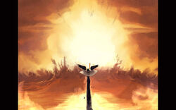  arm_cannon arm_up backlighting bird_wings black_hair black_wings bow cape commentary control_rod english_commentary explosion facing_away female from_behind green_bow hairbow highres long_hair magic:_the_gathering mushroom_cloud pillarboxed reiuji_utsuho scenery signature solo sun touhou traghetto weapon white_cape wide_shot wings 