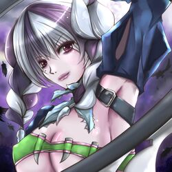  armpits braid breasts female female large_breasts mole multicolored_hair purple_eyes racket_ti1 solo soul_calibur soulcalibur_v tira tira_(soulcalibur) twintails two-tone_hair underboob 