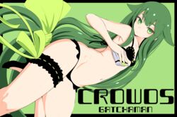  bad_id bad_pixiv_id bare_shoulders bikini black_bikini bow bridal_garter commentary_request female frilled_bikini frills gatchaman_crowds green_eyes green_hair hair_flaps hairbow highres long_hair looking_at_viewer low-tied_long_hair lowleg lowleg_bikini makabe_gorou miya_utsutsu navel note_(gatchaman_crowds) solo swimsuit very_long_hair 