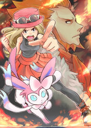  1boy artist_request bears blonde_hair blue_eyes female fleur-de-lis_(pokemon) hat nintendo open_mouth pantyhose pointing pokemon pokemon_(game) pokemon_xy red_hair ribbon serena_(pokemon) shoulders skirt sunglasses sylveon 