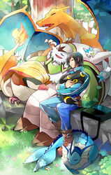  bench bird black_hair calme_(pokemon) charizard chesnaught dragon fire ikaru pachirisu pidgeot pokemon pokemon_(game) pokemon_xy sleeping tail umbreon vaporeon wings 