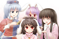  4girls animal_ears black_hair blush braid brushing_another&#039;s_hair brushing_hair carrot carrot_necklace closed_eyes comb commentary dress duplicate grey_eyes grey_hair hand_in_own_hair hat houraisan_kaguya inaba_tewi jewelry long_hair messy_hair morioka_itari multiple_girls necklace nurse_cap open_mouth pendant pink_dress pixel-perfect_duplicate purple_hair rabbit_ears red_eyes reisen_udongein_inaba ruffling_hair shirt short_hair smile sweat touhou very_long_hair yagokoro_eirin 