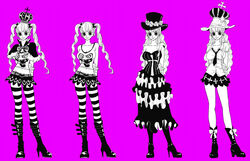  breasts character_sheet cleavage crown dress dual_persona female full_body hat hats high_heel_boots long_hair multiple_girls one_piece perona skirt standing striped striped_legwear thighhighs tophats twintails 