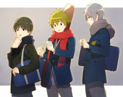  3boys akiyama_hayato bad_id bad_pixiv_id bag black_hair blue_eyes brown_eyes coat commentary_request eating fuyumi_jun green_hair grey_hair guitar_case idolmaster idolmaster_side-m instrument instrument_case looking_at_another male_focus map_(map_imas) messenger_bag multiple_boys necktie open_mouth red_necktie sakaki_natsuki scarf school_uniform shoulder_bag winter_clothes winter_coat 