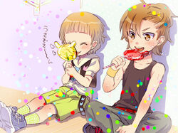  2boys bad_id bad_pixiv_id blonde_hair brown_hair candy closed_eyes eating food himeno_kanon idolmaster idolmaster_side-m indian_style licking lollipop looking_down male_focus multiple_boys rice_(rice8p) shoes sitting sneakers socks sweat tachibana_shiro_(idolmaster) tank_top wall wristband 