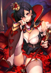  bare_shoulders black_hair breasts cameltoe cleavage commentary_request crown earrings female garter_belt high_heels jewelry large_breasts leg_up looking_at_viewer mini_crown original panties queen_of_hearts_(alice_in_wonderland) red_eyes revision sasaoka_gungu scepter sitting solo supportasse thighhighs thighs underwear white_panties white_thighhighs 