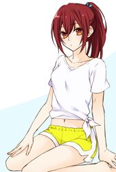  barefoot free! long_hair matsuoka_gou navel orange_eyes ponytail red_hair rio_(rio_01) shorts solo 