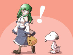  ! bag blue_eyes brand_name_imitation canine chamupei charles_schulz_(style) commentary_request detached_sleeves doughnut female food frog_hair_ornament green_hair hair_ornament kochiya_sanae long_hair long_sleeves pantyhose peanuts_(comic) photoshop_(medium) shirt shopping_bag skirt snake_hair_ornament snoopy staring touhou walking wide_sleeves 