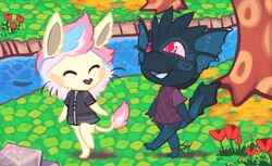  ambiguous_gender chibi clothing detailed_background duo felid fin fish flower fur furrycandyshop grass hair lion mammal mane mane_hair marine night pantherine pink_eyes plant river rock scenery sea_creature spots sugarcube tree walking 