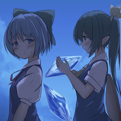  2girls blue_dress blue_eyes blue_hair blush bow cirno commentary_request daiyousei dress fairy_wings grabbing_another&#039;s_wing green_eyes green_hair hair_ribbon hairbow ice ice_wings long_hair multiple_girls pointy_ears pokio puffy_short_sleeves puffy_sleeves ribbon saliva saliva_trail shirt short_hair short_sleeves side_ponytail touhou wings 