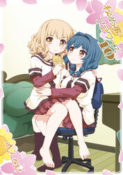  2girls barefoot bed blonde_hair blue_hair blush chair commentary_request dress food furutani_himawari goyacchi hair_ornament hairband hairclip kneehighs long_hair multiple_girls nanamori_school_uniform no_shoes office_chair oomuro_sakurako photoshop_(medium) sailor_dress school_uniform serafuku short_hair sitting skirt socks swivel_chair taiyaki translation_request wagashi yuri yuru_yuri 