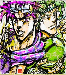  2boys ashiya_kouhei brush_(medium) caesar_anthonio_zeppeli commentary_request goggles goggles_on_head green_hair headband highres jojo_no_kimyou_na_bouken joseph_joestar joseph_joestar_(young) male_focus multiple_boys official_style purple_hair shikishi 