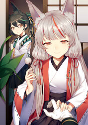  2girls animal_ears asmr azur_lane black_hair brown_eyes chinese_commentary commentary_request fox_ears gloves hair_ornament holding_hands iiiroha japanese_clothes kamikaze_(azur_lane) long_hair long_sleeves looking_at_viewer matsukaze_(azur_lane) mimikaki mixed-language_commentary multiple_girls nervous_sweating ponytail pov pov_hands sliding_doors smile sweat white_hair 