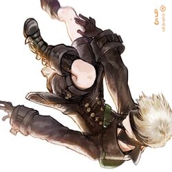  1boy 9s_(nier:automata) blindfold boots choker commentary_request full_body gloves kim_hana male_focus nier:automata nier_(series) short_hair white_background white_hair 