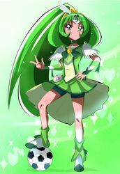  bad_id bad_pixiv_id ball bike_shorts bike_shorts_under_skirt choker cure_march dress female green_background green_choker green_eyes green_hair green_skirt green_theme haru_(nature_life) long_hair magical_girl midorikawa_nao ponytail precure skirt smile smile_precure soccer_ball solo standing telstar tiara tri_tails 