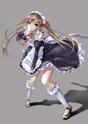  absurdres apron bent_over black_dress blonde_hair commentary_request dress elf female grey_background highres juliet_sleeves long_hair long_sleeves looking_at_viewer maid maid_headdress myucel_foalan outbreak_company pisuke pointy_ears puffy_sleeves purple_eyes smile solo twintails very_long_hair 