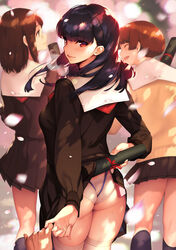  3girls ass black_hair black_serafuku bondage brown_hair capelet cherry_blossoms clothes_lift commentary_request diploma glasses graduation holding_hands lifting_own_clothes long_hair long_sleeves looking_at_viewer looking_back multiple_girls neckerchief open_mouth original out_of_frame panties petals pleated_skirt pov pov_hands red_eyes revision sasaoka_gungu school_uniform serafuku shibari_under_clothes shirt short_hair skirt skirt_lift skirt_set smile thighhighs thighs underwear white_panties white_thighhighs 