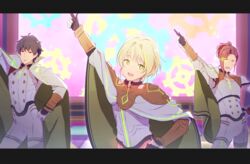  3boys :d alternate_costume bad_id bad_pixiv_id beit_(idolmaster) blonde_hair brown_hair cape commentary_request crown dancing gears glowing green_eyes grey_hair hand_on_own_hip idol idolmaster idolmaster_side-m index_finger_raised jitome looking_at_viewer male_focus map_(map_imas) mini_crown multicolored_hair multiple_boys open_mouth pierre_bichelberger ponytail pose red_eyes smile streaked_hair takajo_kyoji watanabe_minori 