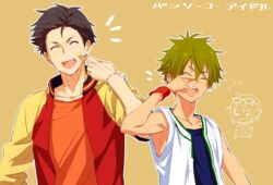  2boys akiyama_hayato bad_id bad_pixiv_id bandaid bandaid_on_face brown_hair closed_eyes first_aid_kit green_hair idolmaster idolmaster_side-m jacket kimura_ryu laughing letterman_jacket male_focus map_(map_imas) multiple_boys yamamura_ken 