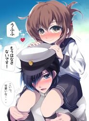  1boy admiral_(kancolle) black_socks blue_eyes blush brown_eyes brown_hair carrying commentary_request female folded_ponytail hair_ornament hairclip hat inazuma_(kancolle) kantai_collection long_hair military military_uniform mizukami_ryouma naval_uniform school_uniform serafuku shoulder_carry skirt smile socks translated uniform 