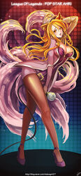  :o absurdres ahri_(league_of_legends) alternate_costume alternate_hair_color animal_ears arm_behind_head arm_up belt between_legs black_pantyhose blonde_hair bow breasts character_name cleavage commentary_request copyright_name cosplay facial_mark female floating_hair fox_ears fox_tail from_side full_body girls&#039;_generation gradient_background hair_between_eyes hat hat_bow heart high_heels highres holding idol jacket large_breasts league_of_legends leaning_forward legs lights long_hair long_legs looking_at_viewer microphone multiple_tails open_clothes open_jacket open_mouth pantyhose pantyhose_under_shorts peaked_cap photoshop_(medium) popstar_ahri raised_eyebrows shoes short_shorts shorts signature sinbe solo sparkle stage stage_lights standing tail watermark web_address whisker_markings yellow_eyes zipper 