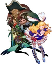  2girls 3boys ;q animal_ears black_hair blonde_hair blue_eyes boots bravely_default:_flying_fairy bravely_default_(series) breasts cross-laced_footwear earrings eyepatch frilled_skirt frills gloves group_picture hat hayreddin_barbarossa jewelry knee_boots konoe_kikyou lace-up_boots long_hair multiple_boys multiple_girls nobutsuna_kamiizumi official_art one_eye_closed pirate pirate_hat ponytail praline_a_la_mode qada_(bravely_default) rabbit_ears skirt small_breasts thigh_boots thighhighs tongue tongue_out transparent_background tricorne v_over_eye white_gloves 