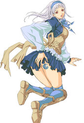  adapted_costume albino ass ass_tattoo bad_id bad_pixiv_id blue_footwear boots corset cropped_jacket dress ei_(fran3bon) female full_body gensou_suikoden gensou_suikoden_ii hairband knee_boots looking_back poripuropiren red_eyes short_hair sierra_mikain skirt smile solo tattoo true_rune white_background white_hair 