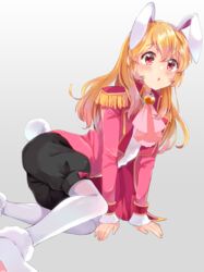  :o aikatsu! aikatsu!_(series) animal_ears arm_support ascot blonde_hair blush boots bow commentary_request epaulettes fake_animal_ears female fur_trim heart hoshimiya_ichigo jacket long_hair long_sleeves onbin_ha open_mouth pantyhose rabbit_ears rabbit_tail red_eyes shorts simple_background solo tail white_pantyhose 