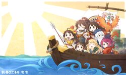  6+girls ^_^ akagi_(kancolle) armor atago_(kancolle) bauxite beard bird boat brown_eyes brown_hair cha_(kancolle) closed_eyes commentary_request drum_(container) facial_hair hair_ornament halberd hammer hand_fan hat hibiki_(kancolle) hiyoko_(kancolle) i-168_(kancolle) instrument japanese_mythology kantai_collection kongou_(kancolle) long_hair lute_(instrument) majokko_(kancolle) midori_(kancolle) mochi_teitoku multiple_girls open_mouth phoenix pink_eyes pink_hair polearm ponytail rashinban_musume seven_lucky_gods short_hair smile steel sun sunburst sunburst_background translation_request water watercraft weapon white_hair yamato_(kancolle) yukikaze_(kancolle) 