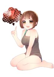  absurdres bad_id bad_pixiv_id bare_shoulders barefoot brown_eyes brown_hair commentary_request drooling feet female food full_body highres legs masumofu meat original panties short_hair simple_background sitting smile solo striped_clothes striped_panties tank_top thought_bubble toes underwear wariza white_background 