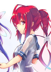  2girls ahoge blue_hair breasts commentary_request from_side gradient_hair hair_ornament hair_ribbon highres i-168_(kancolle) i-19_(kancolle) kantai_collection long_hair looking_at_viewer medium_breasts multicolored_hair multiple_girls out_of_frame ponytail red_hair ribbon school_swimsuit school_uniform see-through serafuku shirt short_sleeves swimsuit unomi wet wet_clothes wet_shirt x_hair_ornament 