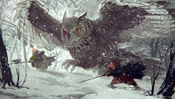  animal axe battle bird blood cape commentary_request forest highres injury mouse_(animal) mouse_guard nature niy_(nenenoa) no_humans one-eyed outdoors owl photoshop_(medium) snow snowing sword tree weapon 