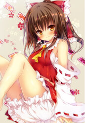  blush bow breasts brown_hair commentary_request detached_sleeves female floating_hair floral_print grey_background hairbow hakurei_reimu huei_nazuki long_hair looking_at_viewer medium_breasts orange_eyes partial_commentary red_bow red_shirt ribbon-trimmed_sleeves ribbon_trim sarashi shirt shorts sideboob sleeveless sleeveless_shirt smile solo touhou white_shorts 