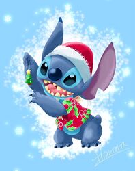  2018 4_fingers 4_toes alien aloha_shirt blue_background blue_body blue_claws blue_eyes blue_fur blue_nose bottomless chest_tuft christmas christmas_clothing christmas_decorations christmas_headwear christmas_ornament claws clothed clothing disney experiment_(lilo_and_stitch) feet fingers fur harara hat headgear headwear hidden_mickey holding_object holidays lilo_and_stitch notched_ear open_mouth open_smile pattern_clothing pattern_shirt pattern_topwear santa_hat shirt signature simple_background small_tail smile snowflake solo stitch_(lilo_and_stitch) tail toes topwear tuft 