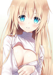  absurdres blonde_hair blue_eyes blush breasts cleavage cleavage_cutout clothing_cutout commentary female gradient_background green_background hair_between_eyes head_tilt highres long_hair long_sleeves looking_at_viewer medium_breasts meme_attire open-chest_sweater original parted_lips pulling_own_clothes smile solo sweater very_long_hair white_background white_sweater xia_xiang_(ozicha) 