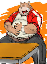  2012 abstract_background absurd_res anthro band-aid bandage barazoku belly_rub canid canine canis clothed clothing domestic_dog fully_clothed hi_res kemono kotobuki male mammal muscular muscular_anthro muscular_male obese obese_anthro obese_male overweight overweight_anthro overweight_male sitting solo tongue tongue_out 