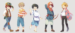  5boys ashitaka ashitaka_(cosplay) bad_id bad_pixiv_id bag bakugou_katsuki belt black_hair black_pants blonde_hair boku_no_hero_academia bow_(weapon) brown_eyes brown_footwear burn_scar commentary_request cosplay denim freckles frown glasses gloves green_eyes grey_background grey_eyes haku_(sen_to_chihiro_no_kamikakushi) haku_(sen_to_chihiro_no_kamikakushi)_(cosplay) hand_on_own_hip highres hood howl_(howl_no_ugoku_shiro) howl_(howl_no_ugoku_shiro)_(cosplay) howl_no_ugoku_shiro jacket jeans kaminari_denki kirishima_eijirou looking_at_viewer majo_no_takkyuubin male_focus midoriya_izuku mononoke_hime multicolored_hair multiple_boys open_mouth pants pazu pazu_(cosplay) pouch red_hair red_hood sandals scar scar_on_face sen_to_chihiro_no_kamikakushi shirt shoes smile spiked_hair standing tenkuu_no_shiro_laputa todoroki_shouto tombo_(majo_no_takkyuubin) two-tone_hair uppi vest weapon white_hair white_shirt 