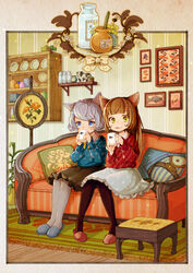  2girls :q animal_ears black_legwear blouse blue_eyes blunt_bangs border bottle bovine brown_hair cardigan cat_ears commentary couch cup drinking embroidery fish green_eyes grey_hair grey_legwear hair_ornament hairclip holding holding_cup honey honeypot indoors jar knees_together_feet_apart legs_together licking_lips light_particles lolicon long_hair looking_at_viewer looking_down milk milk_bottle mug multiple_girls original ottoman painting_(object) pantyhose pigeon-toed pillow plant plate potted_plant print_mug rug shelf shirt short_hair side-by-side sitting skirt slippers stool swept_bangs tati_tachiko tongue tongue_out wallpaper_(object) wooden_floor 