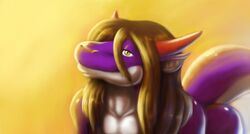  2014 anthro bent_over brown_hair dragon hair half-closed_eyes horn kalnareff kalnareff_(character) long_hair male mimic mythological_creature mythological_scalie mythology narrowed_eyes nude pupils purple_body purple_scales raised_tail scales scalie simple_background slit_pupils smile solo tail yellow_background yellow_eyes 