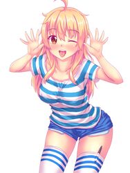  ;d aqua_shirt aqua_stripes arched_back artist_self-insert bare_arms bent_over blonde_hair blue_shorts blush breasts brown_eyes collarbone commentary cowboy_shot denim denim_shorts english_commentary engrish_commentary exposed_pocket female hair_between_eyes hands_up highres humanization in_legwear large_breasts long_hair looking_at_viewer micro_shorts nottytiffy one_eye_closed open_hands open_mouth original palms pen pen_in_legwear pocket shiny_skin shirt short_shorts short_sleeves shorts simple_background smile solo spread_fingers standing stitches striped_clothes striped_shirt striped_thighhighs thighhighs thighs tiffy_(nottytiffy) tongue tongue_out triple_horizontal_stripe tube_socks white_background white_thighhighs 