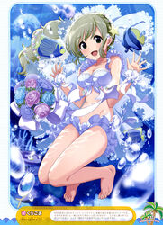  :d absurdres air_bubble barefoot blue_flower blue_rose blush bra breasts brown_eyes brown_hair bubble cleavage collarbone female flower gerbera highres kurogoma long_hair looking_at_viewer medium_breasts navel open_mouth original panties purple_flower purple_rose ribbon rose side_ponytail smile solo underwater underwear very_long_hair white_bra white_panties white_ribbon wrist_cuffs 