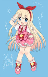  :d aikatsu! aikatsu!_(series) amae_koromo bad_id bad_pixiv_id blonde_hair blue_eyes blush bobby_socks bow bowtie chibi cosplay female hairband hand_on_own_hip hoshimiya_ichigo hoshimiya_ichigo_(cosplay) long_hair look-alike looking_at_viewer mary_janes melompan necktie open_mouth pink_skirt ryuumonbuchi_touka saki_(manga) shirt shoes skirt smile socks solo vest w white_shirt wristband 