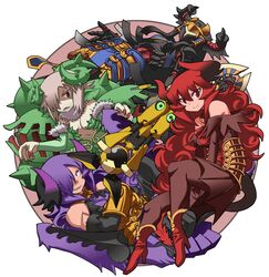  5girls armor armored_dress cable collage faulds fingernails grey_hair hair_over_one_eye helmet humanoid_robot leaf long_hair maou_beluzel matsuda_yuusuke monster_girl multiple_girls nise_maou_dokuzeru nise_maou_kanizeru nise_maou_kikaizeru nise_maou_sukaraberu plant plant_girl purple_hair red_eyes red_hair robot sharp_fingernails skirt staff venus_flytrap visor yuusha_to_maou 