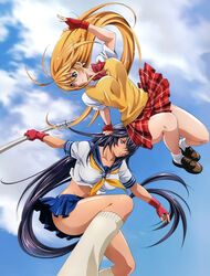  2girls absurdres black_hair blonde_hair blue_eyes blue_skirt collarbone earrings fingerless_gloves gloves groin hair_over_one_eye highres holding holding_polearm holding_weapon ikkitousen jewelry kan&#039;u_unchou kneehighs long_hair magatama magatama_earrings multiple_girls navel photoshop_(medium) polearm red_gloves red_skirt rin-sin school_uniform serafuku shirt skirt smile socks sonsaku_hakufu spear weapon white_legwear white_shirt 