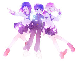  1boy 2girls :d ;d arms_at_sides belt bird black_hair black_pants blouse blue_eyes blunt_bangs bob_cut book bottle bowl_cut brown_hair camera candy commentary_request cross-laced_footwear eyelashes food full_body gakuran glowing holding holding_camera ink_bottle kageyama_shigeo kneehighs knees_together_feet_apart kurata_tome legs_apart locked_arms long_sleeves looking_at_another looking_to_the_side meshi_(plum_memo) mezato_ichi miniskirt mob_psycho_100 multiple_girls one_eye_closed open_mouth orange_eyes outstretched_arm pants pleated_skirt pointing quill saturn_(planet) school_uniform serafuku shirt shoes short_hair simple_background skirt smile sneakers socks v-shaped_eyebrows white_background white_footwear white_legwear white_shirt 