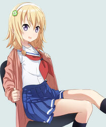  abe_kanari blonde_hair blue_background blue_skirt cardigan chair commentary_request female hair_bobbles hair_ornament hairband high_school_fleet highres looking_at_viewer neckerchief open_cardigan open_clothes open_mouth photoshop_(medium) pink_cardigan pleated_skirt purple_eyes red_neckerchief school_uniform serafuku short_hair simple_background sitting skirt solo twintails wakasa_reo white_hairband yokosuka_girls_marine_high_school_uniform 